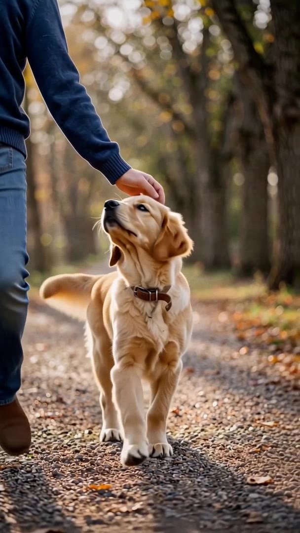 Bao en promenade aux côtés d’une personne, sur un chemin d’automne